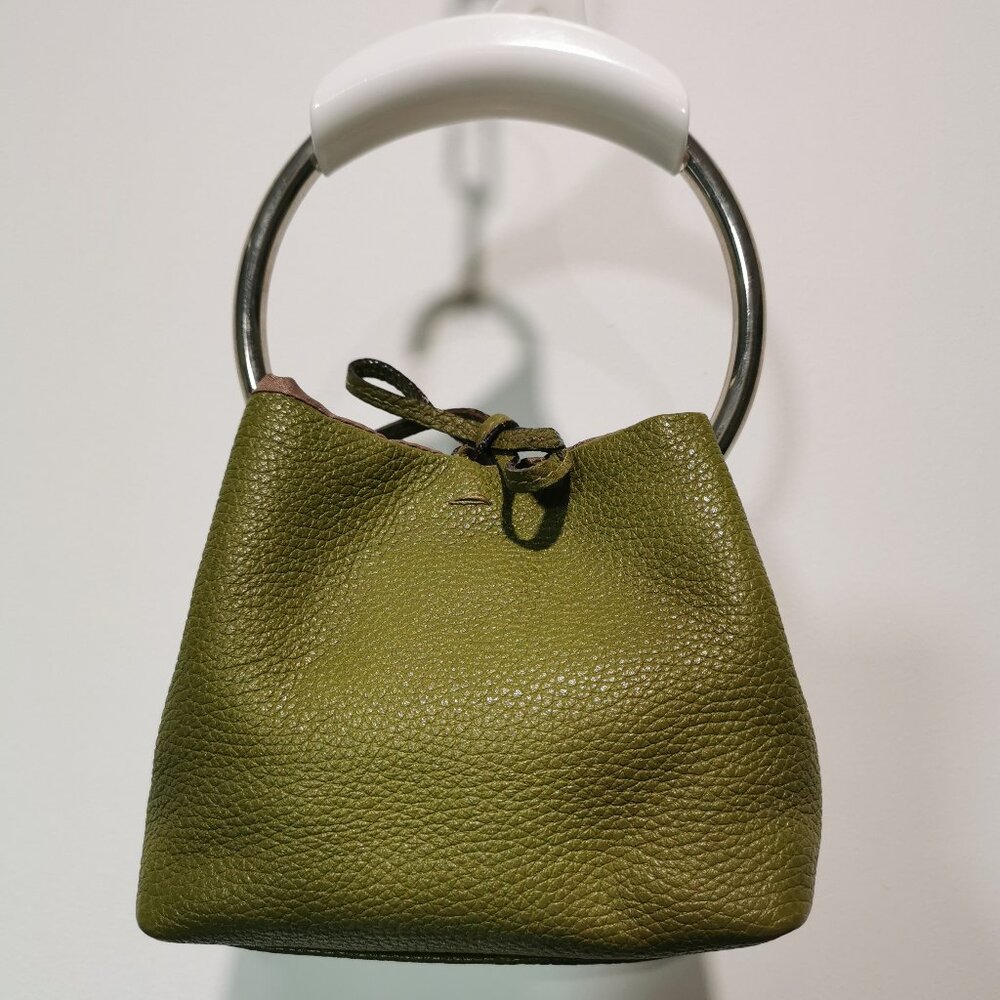 Olive/Silver Pebbled Leather Satchel EUC #265